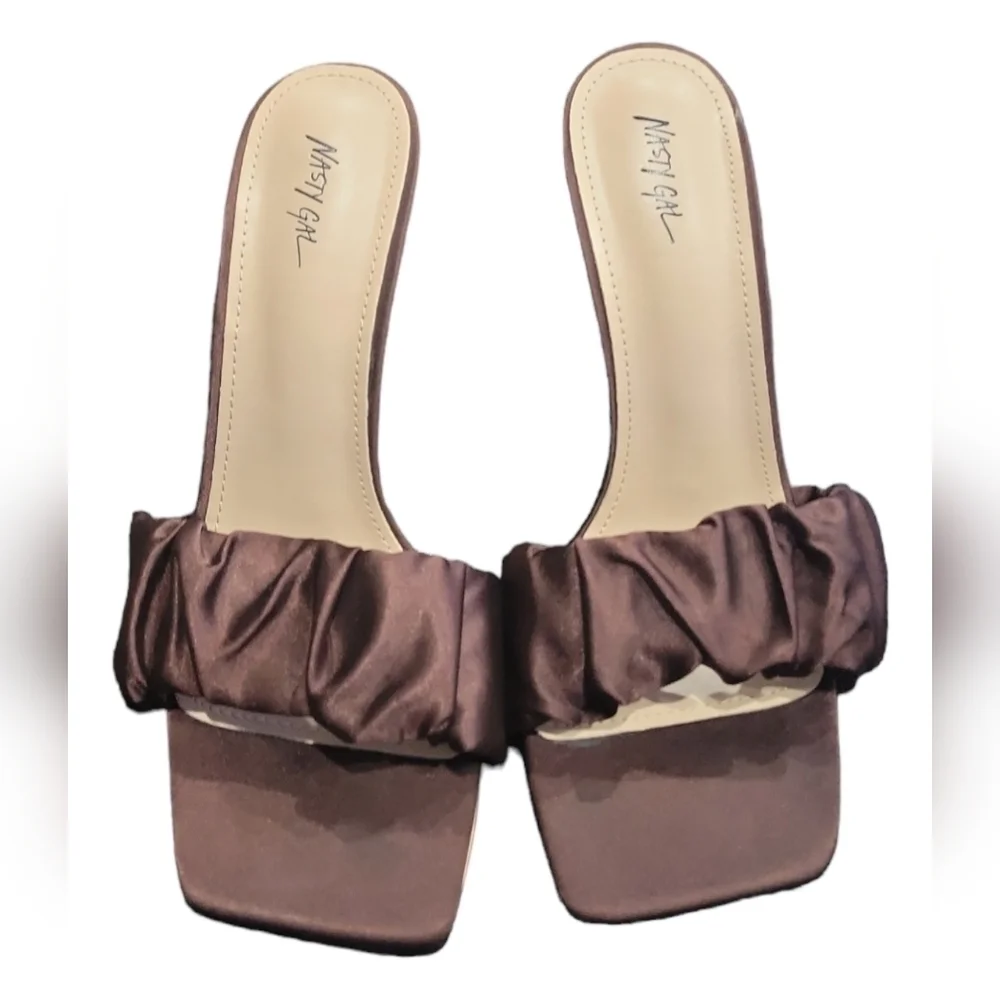 Nasty Gal Women's Satin Ruched Front Stiletto Heels Mules in Chocolate Satin 40